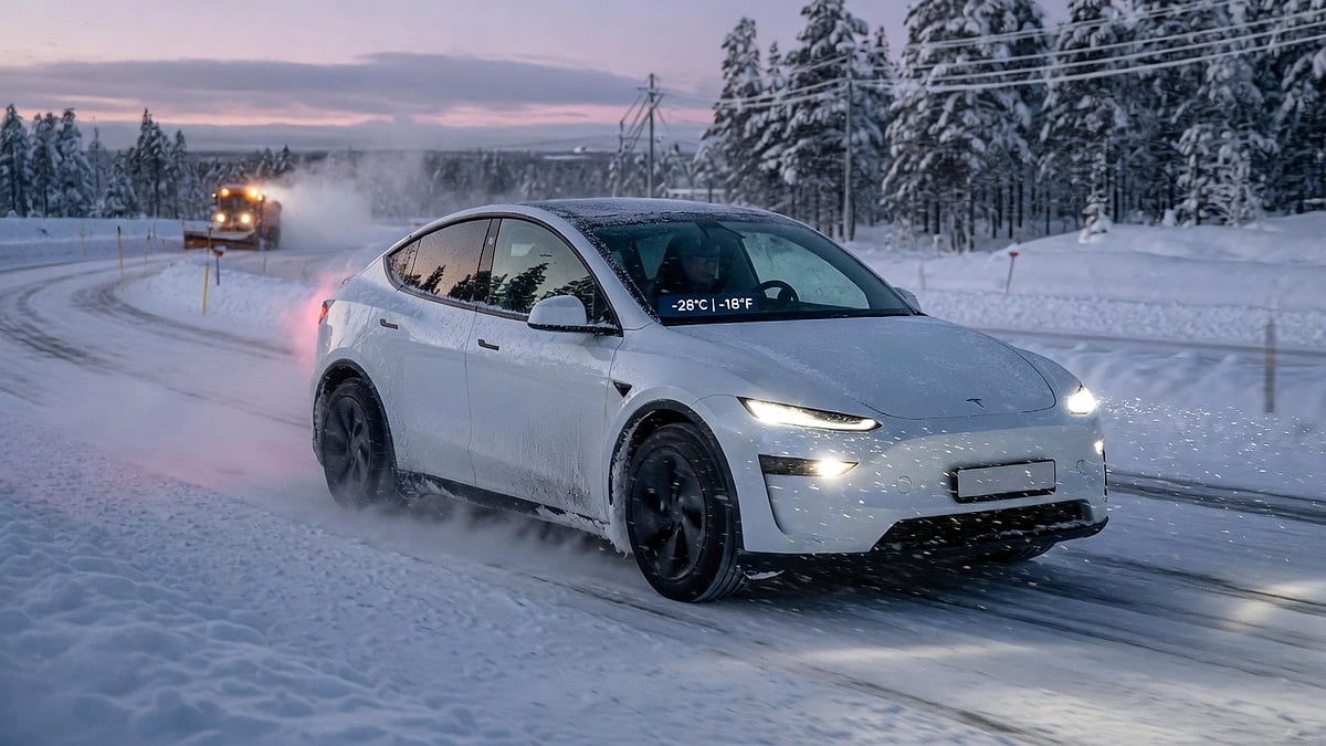 White Tesla Model Y driving in a very cold weather